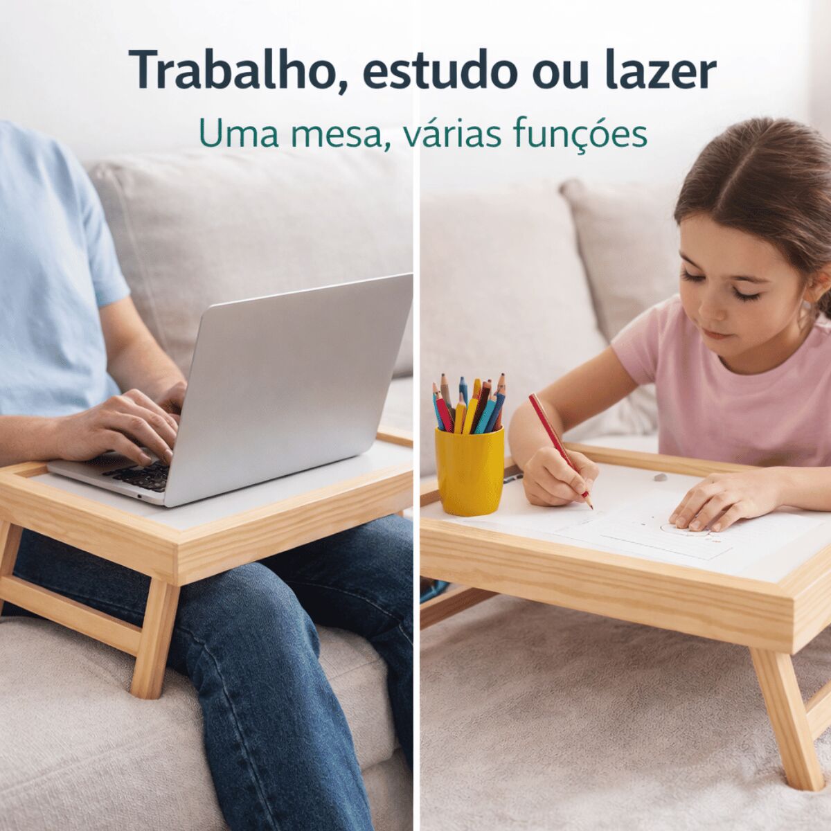 Mesa Bandeja para Café da Manhã e Notebook em Madeira Pinus com Pés Dobráveis - Imagem 5