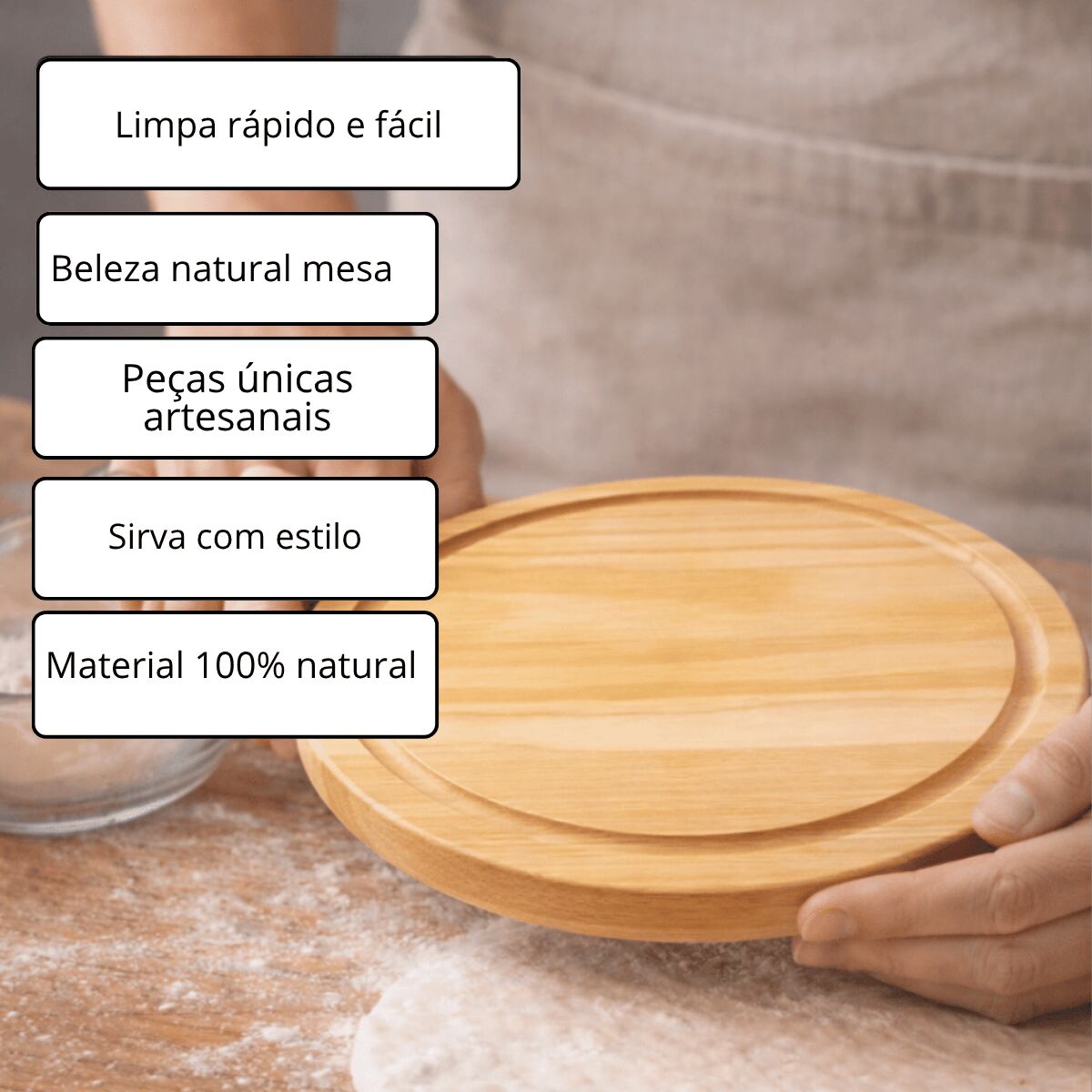 Tábua Redonda de Madeira para Pizza, Churrasco, Frios e Petiscos com Canaleta - Imagem 5