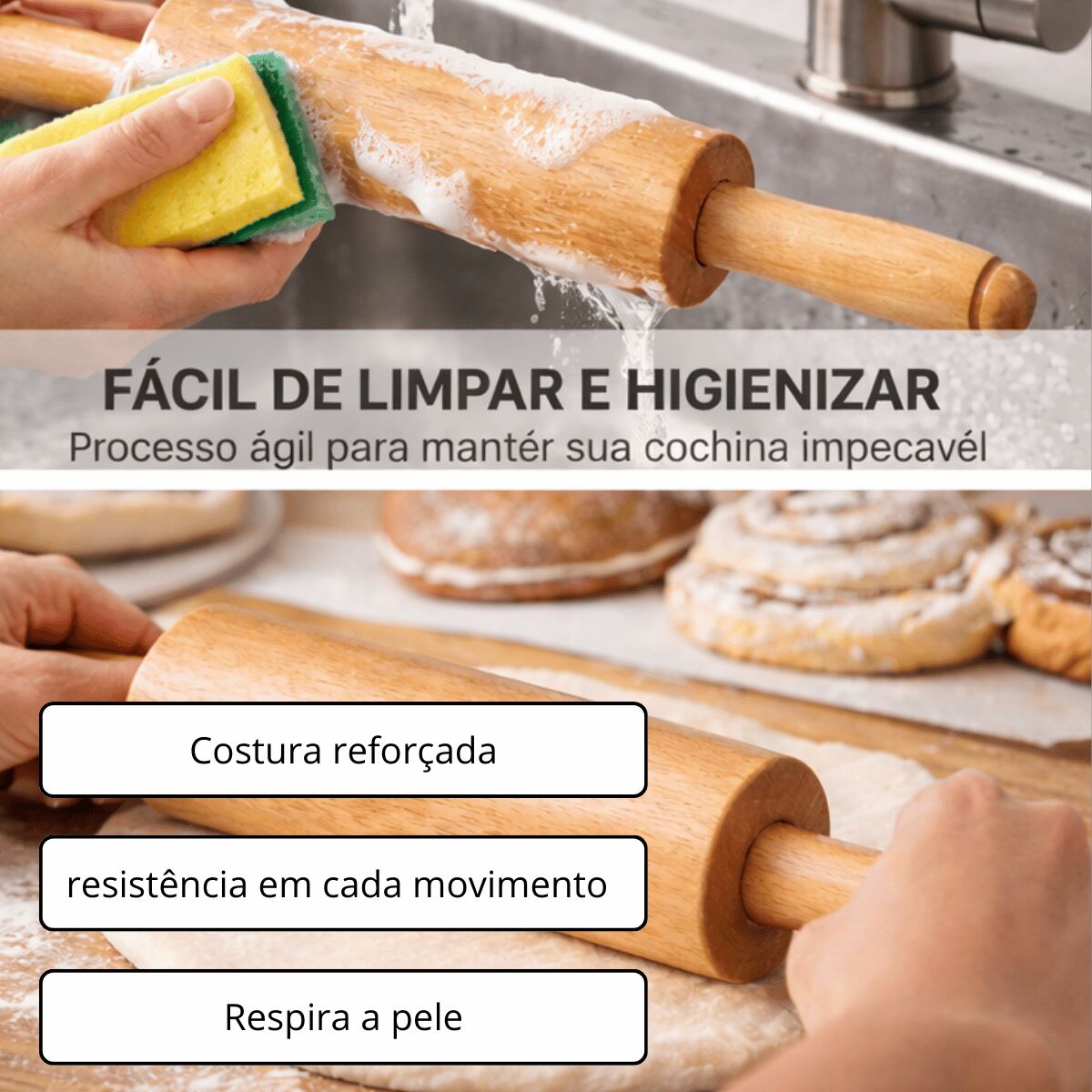 Rolo de Massa de Madeira Profissional – Abridor para Pizza, Pães, Massas e Confeitaria - Imagem 5