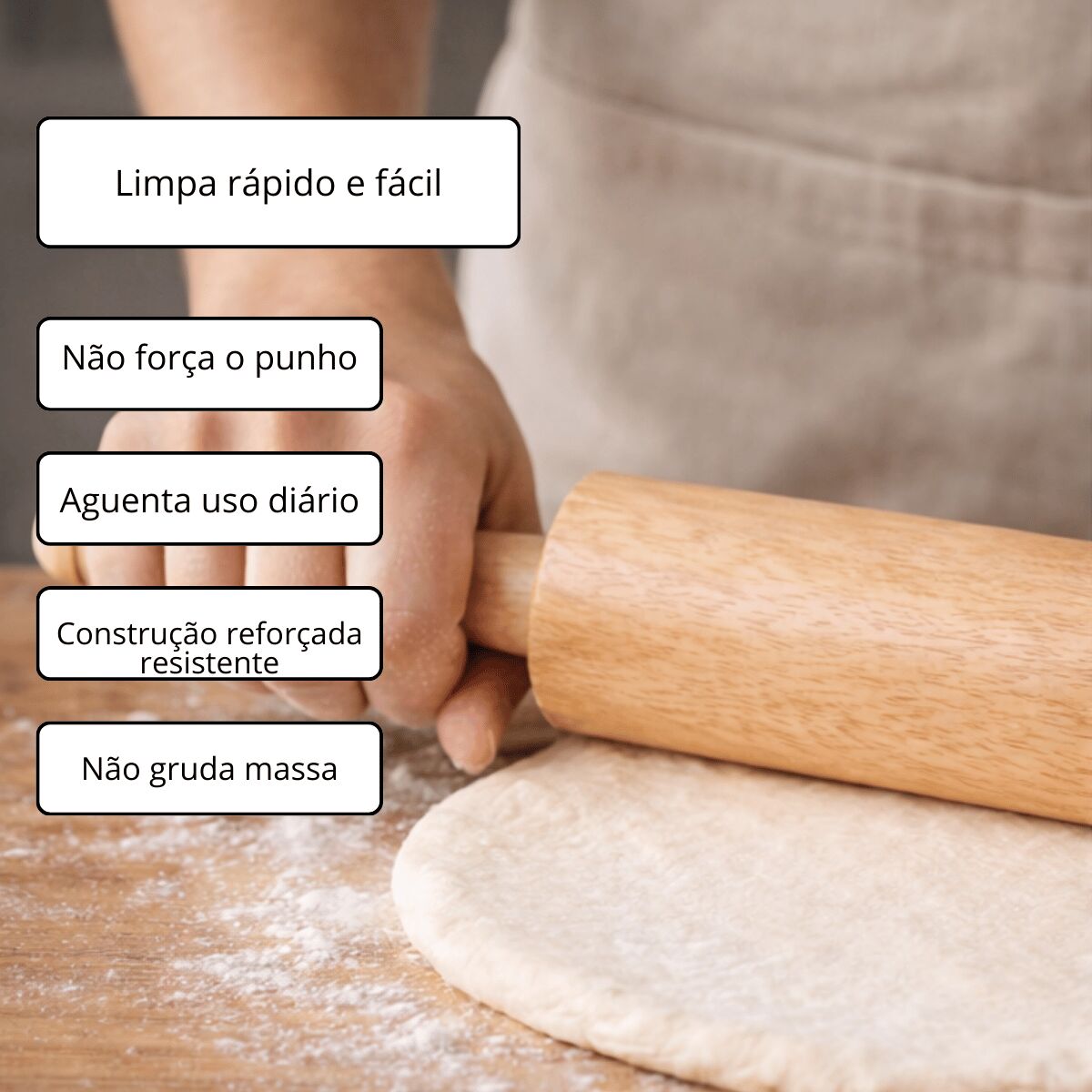 Rolo de Massa de Madeira Profissional – Abridor para Pizza, Pães, Massas e Confeitaria - Imagem 4